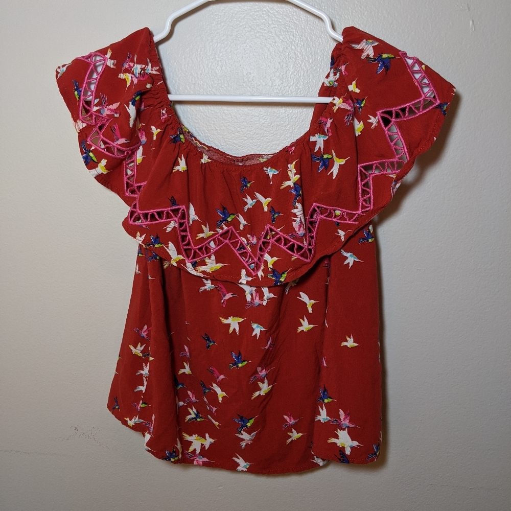 Red off the shoulder bird top woman's large